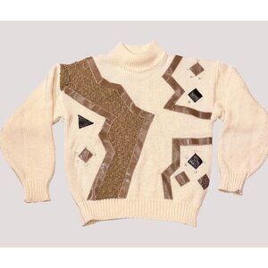 Girls 80s Maggie Lawrence Collection Cream Knit Sweater Geometric Rhinestones L